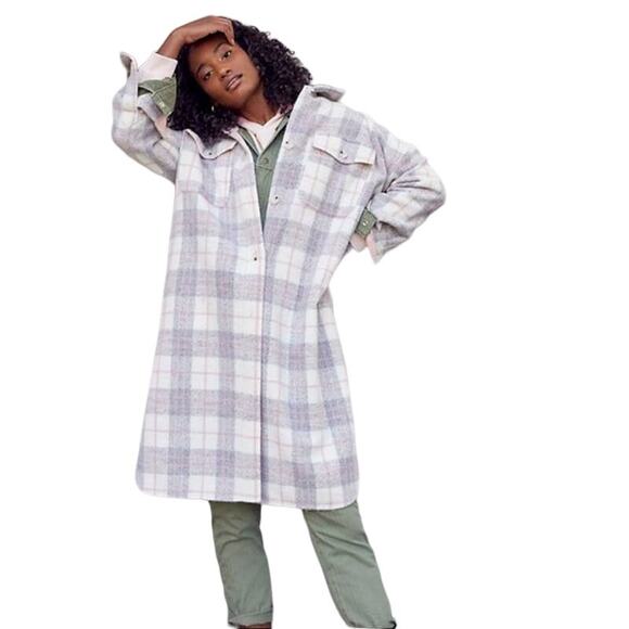 Anthropologie If By Sea Plaid Long Bobbie Shirt Jacket Shacket Gray - Picture 2 of 15